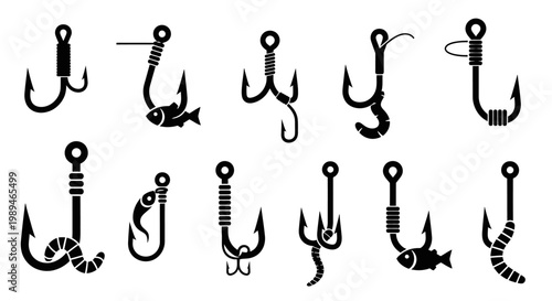 A collection of various fishing hooks, including single, double, and treble hooks, some with bait like fish and worms, depicted as black silhouettes.