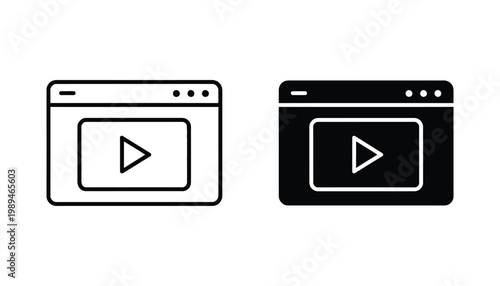 Video player browser window icon set in linear and solid styles for web multimedia and streaming content concepts