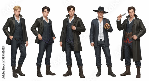 Five Men in Victorian-Inspired Outfits Posed Together.