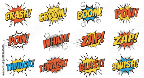Comic book explosion speech bubbles with onomatopoeia text set