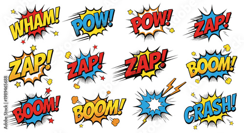 Comic book explosion bubbles with onomatopoeia sound effects