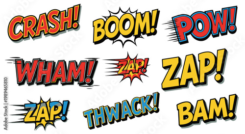 Comic book onomatopoeia sound effects in retro pop art style