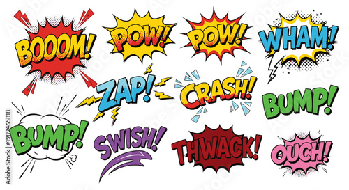 Comic book onomatopoeia sound effect bubbles set on white background