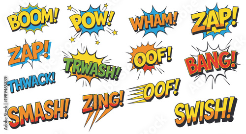 Comic book onomatopoeia sound effects set on white background