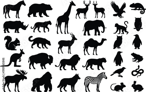 Large wild animal silhouette collection set, black vector safari and zoo animals including mammals and birds isolated for wildlife design elements