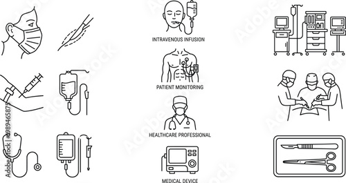 Medical healthcare line icons set, hospital equipment, patient monitoring, intravenous infusion, doctor and surgical tools vector illustration isolated on white background