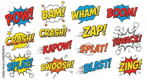 Comic book onomatopoeia sound effects set on white background