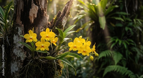 yellow orchids growing on tree trunk in forest