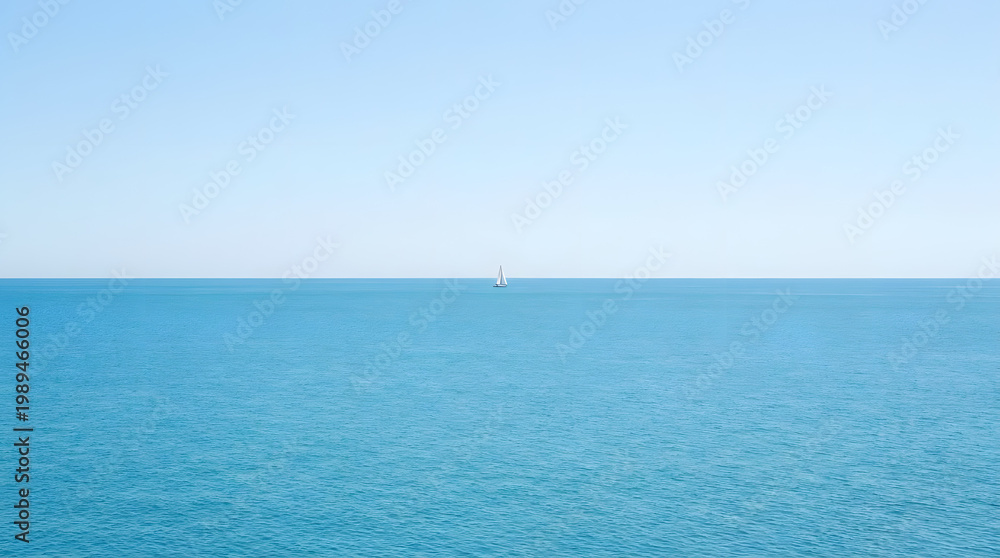 Fototapeta premium Expansive minimalist seascape with a solitary sailboat gently gliding across the calm, vast blue ocean under a clear, endless sky, capturing a serene sense of freedom and boundless tranquility