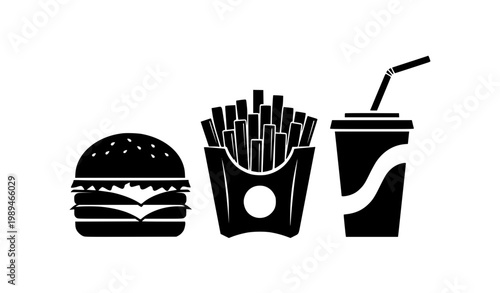 Minimalist fast food silhouette set with burger fries and soda cup icons for restaurant menu branding