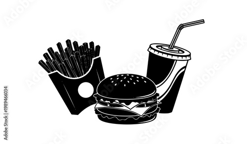 Dynamic fast food silhouette composition with burger fries and soda cup for menu and branding design