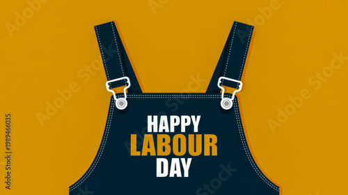 A graphic illustration of a dark blue overall bib with the text Happy Labour Day on an orange background