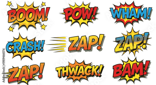 Comic book sound effect bubbles on white background