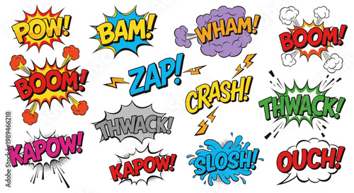 Comic book sound effect bubbles set on white background