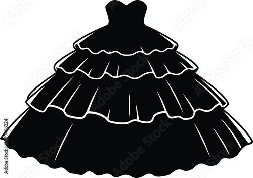 Elegant multi-tiered ball gown with scalloped edges and a fitted bodice