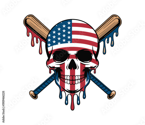 Canvas Print American flag skull with crossed baseball bats, patriotic dripping skull vector