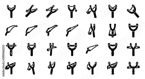 Set of slingshot icons in flat black silhouette vector style