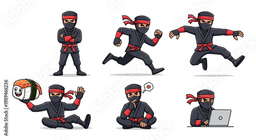 Ninja Character Set Poses And Actions.