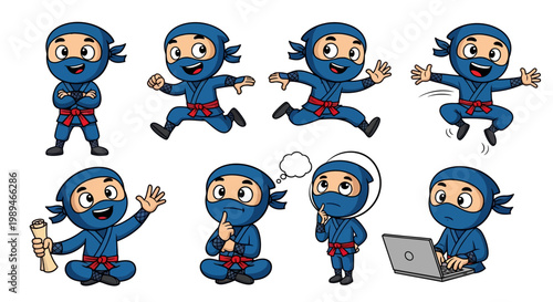 Cute Cartoon Ninja Character Set With Various Poses.