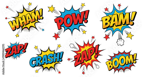 Comic book sound effect bubbles set on white background