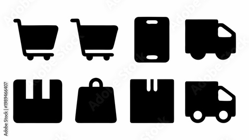 Collection of eight black e commerce icons representing online shopping including shopping carts a smartphone delivery trucks and various package types set against a clean white