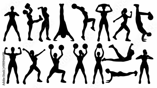 Diverse collection of black fitness silhouette icons depicting various exercises like running weightlifting yoga poses and bodyweight training ideal for health and wellness