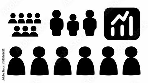 Diverse collection of black silhouette icons representing business concepts teamwork growth charts and human figures for digital and print applications vector graphics