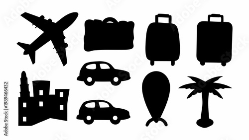 Collection of black silhouette icons representing travel and transportation elements including an airplane cars suitcases a building complex a palm tree and a location pin