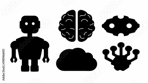 Collection of stylized black silhouette icons representing artificial intelligence robotics cloud computing neural networks and the human brain set against a clean white
