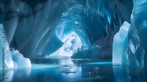 Large ice cave filled with water, frozen cavern with crystal lake and blue glacial reflections, underground arctic landscape with liquid and ice
