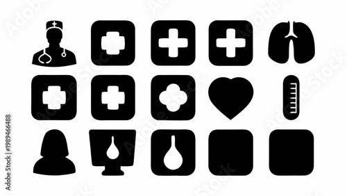 Collection of modern flat black medical and healthcare icons representing doctor stethoscope cross lungs heart thermometer dropper and patient silhouettes on a clean white