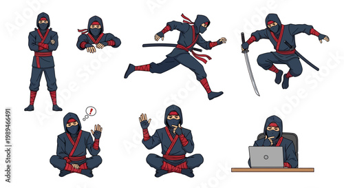 Ninja warrior set with diverse actions and poses.