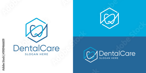 Creative simple dental care logo template. Hexagon shape with teeth logo design vector illustration.