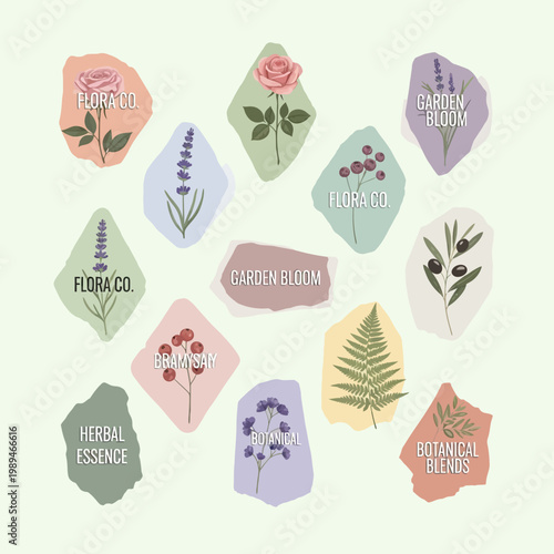 Collection of botanical labels with floral and herbal illustrations.