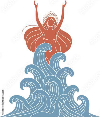 Stylized Red Goddess Silhouette Rising From Blue Ocean Waves With Crown.