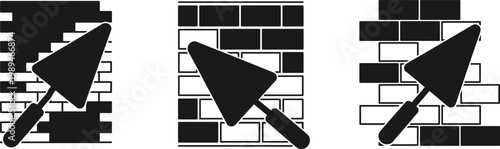 Wall repair icons set with trowel and brick patterns construction masonry tools silhouette vector illustration isolated design