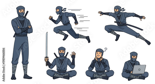 Ninja Warrior Poses And Actions Collection.