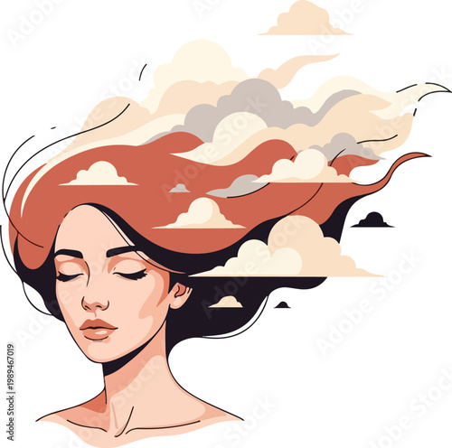 Surreal portrait of a peaceful woman with clouds flowing from her hair.