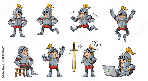 Cute Knight Character Set with Various Poses and Actions.