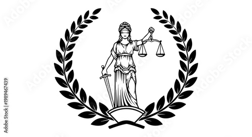 Classic Lady Justice symbol with balance scales and sword in a laurel wreath, a powerful legal emblem on a clean transparent background for design