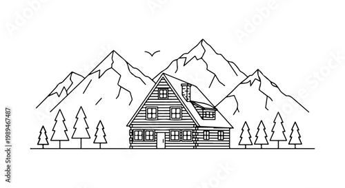 Rustic mountain cabin line art illustration on a transparent background, featuring towering peaks and evergreen trees, ideal for outdoor adventure graphic designs