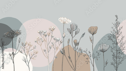 Minimalist botanical illustration with delicate wildflowers and abstract circles in muted earth tones
