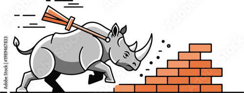 A determined rhinoceros cartoon character holding a broom and working on a brick wall construction.