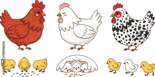 Collection of Chicken and Chick Designs, Featuring Different Poses, Feather Colors, and Family Interactions