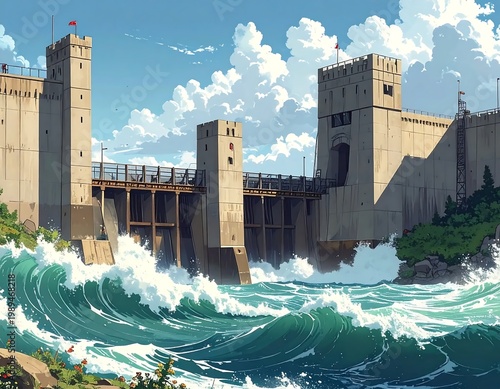Anime Style Coastal Fortress Stone Dam With Crashing Turquoise Waves And Fluffy White Clouds Under A Bright Blue Summer Illustration