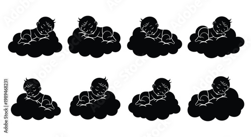 Eight black silhouettes of sleeping babies resting peacefully on fluffy clouds