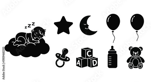 Baby sleep icons cloud star moon balloons toys and feeding items