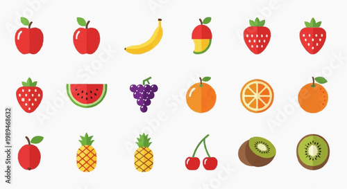 Flat fruit icon set with 18 colorful vector elements, organic food symbols for grocery apps, healthy nutrition illustrations in modern minimalist style