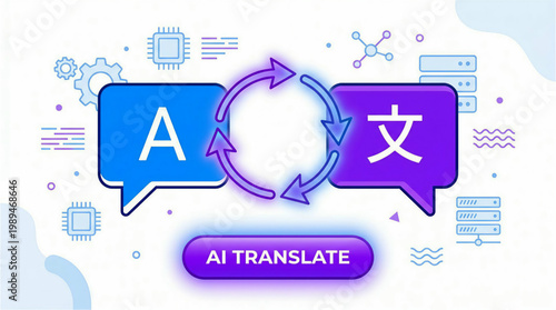 Advanced AI Language Translation Technology Vector Concept Featuring Speech Bubbles with Circular Exchange Arrows and Global Communication Symbols for Neural Machine Translation.