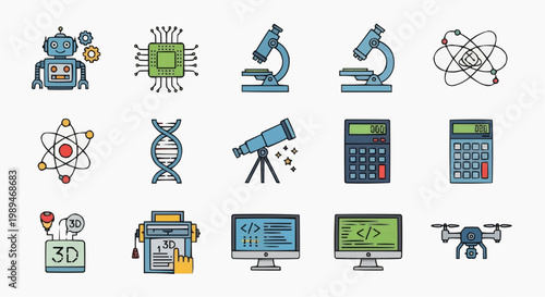 Modern science and technology icons set, 15 colorful vector line illustrations, laboratory research and digital innovation symbols for education